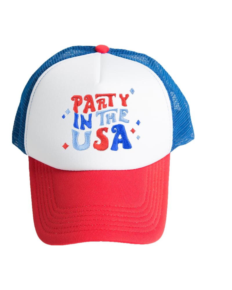 Front of a size One Size Party In The USA Foam Tucker Hat in White/Red/Royal by Simply Sage Market. | dia_product_style_image_id:294600